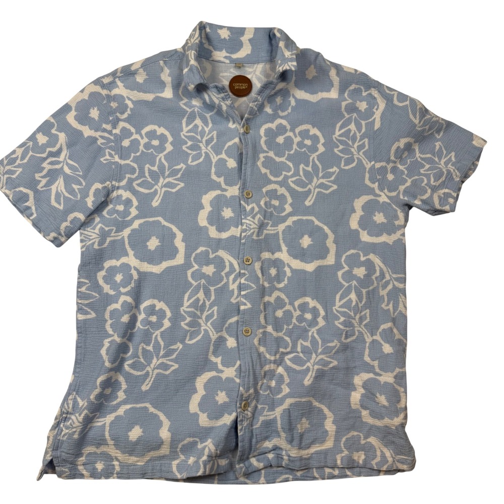 Common People Mens Floral Button Up Shirt Size M Blue Short Sleeve Cotton 0784